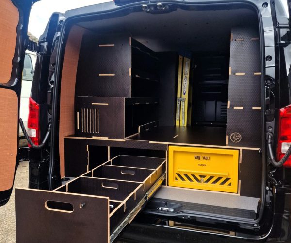 Ply racking and drawer system for a Mercedes Vito for an electrical engineer by Ply Van Racking Ltd.