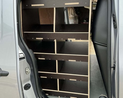 Peugeot Partner LWB van with ply racking and drawer system by Ply Van Racking Ltd