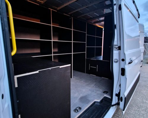 Van racking and raised floor for a VW Crafter L4 by Ply Van Racking Ltd