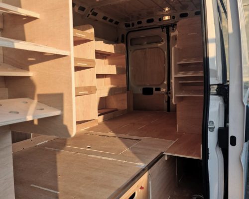 Vauxhall Movano 3500 LWB fitted with ply pull-out drawers and van racking by Ply Van Racking Ltd
