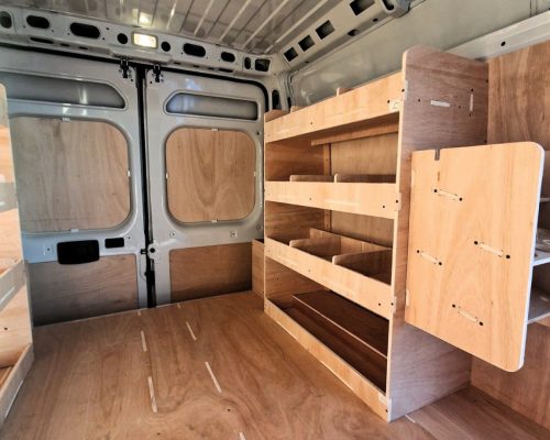 Vauxhall Movano 3500 LWB fitted with ply pull-out drawers and van racking by Ply Van Racking Ltd