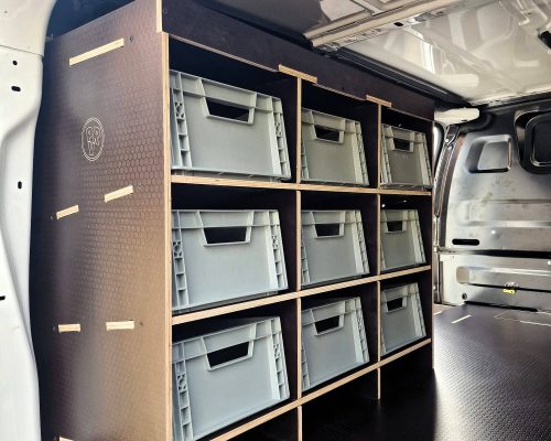Vauxhall Vivaro van storage and raised floor fit out for construction company by Ply Van Racking Ltd.